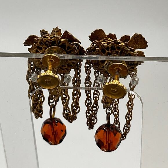 Miriam Haskell Vintage Signed Amber Crystal Floral Screw Back Chain Drop Earring - Picture 4 of 9